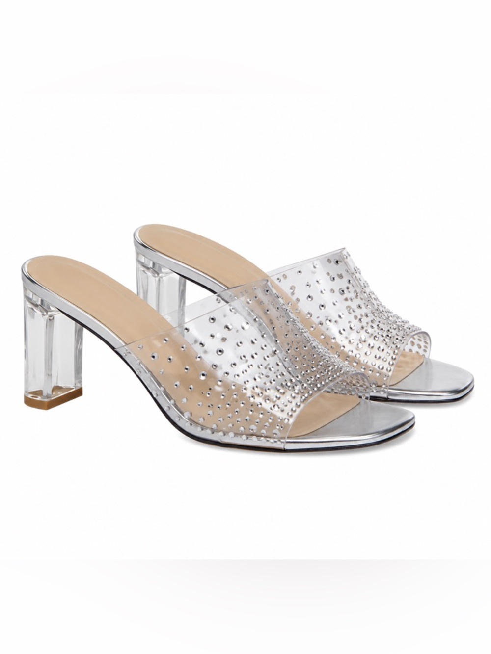 New In Box Clear Rhinestone Embellished Slide Block Heels